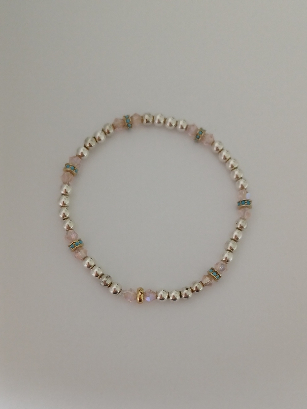 Delicatesterling Silver With  Pink Crystal And Turquiose Beaded Bracelet